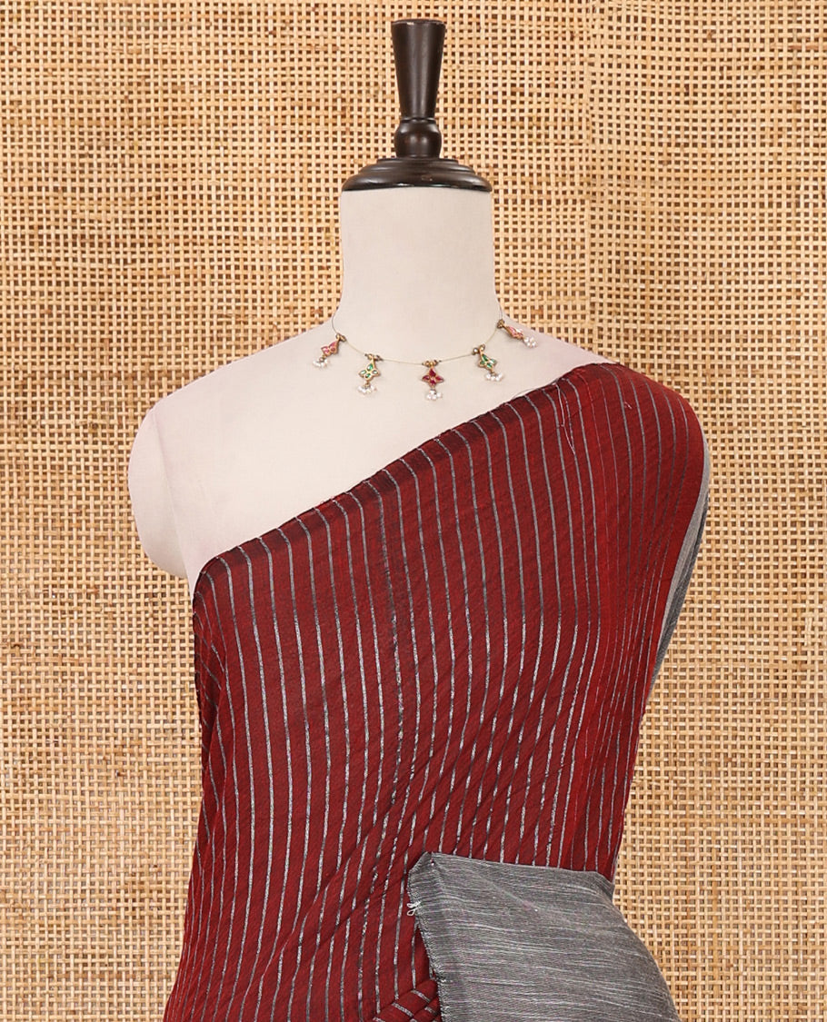 Borderless maroon vertically striped khadi cotton saree, contrast grey plain pallu & matching plain blouse