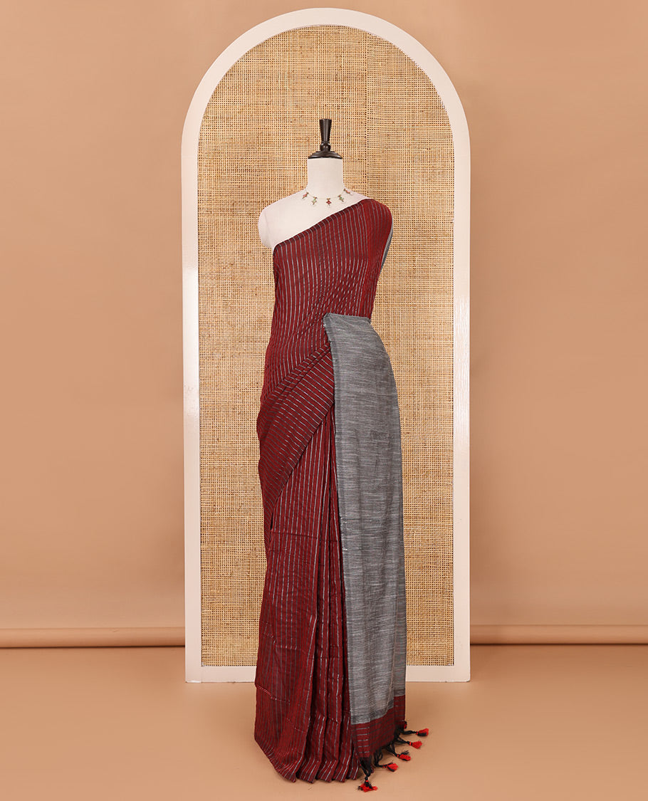 Borderless maroon vertically striped khadi cotton saree, contrast grey plain pallu & matching plain blouse