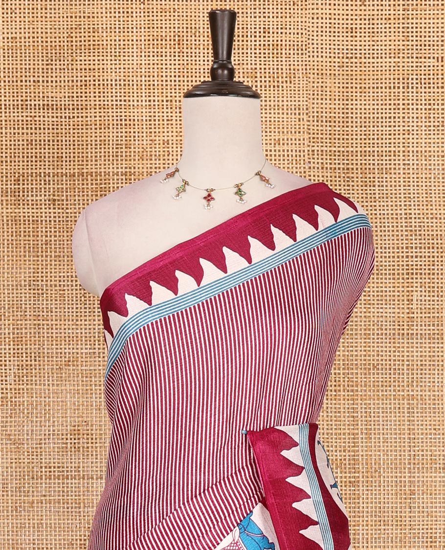 Cream-purple vertically striped khadi cotton saree, contrast Pichwai cow printed temple border, Pichwai cow print pallu, and jaal printed blouse
