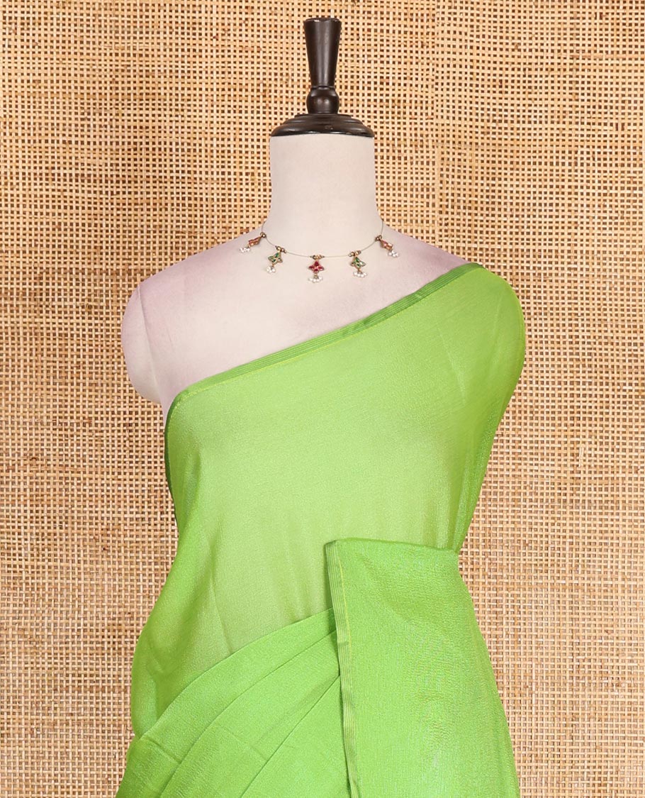 Borderless parrot green plain design viscose saree, flower motifs printed matching blouse