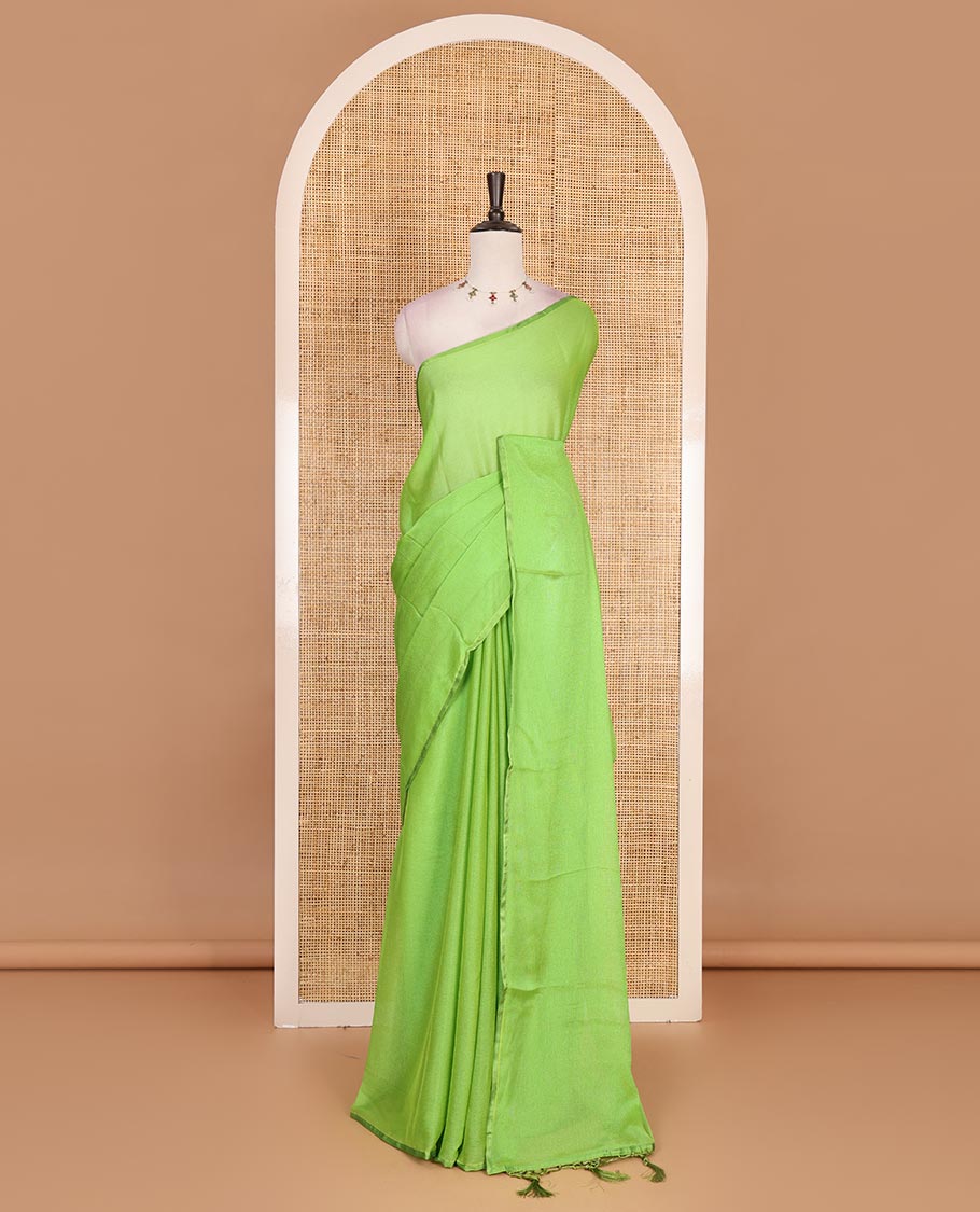 Borderless parrot green plain design viscose saree, flower motifs printed matching blouse