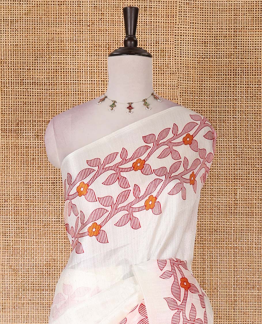 Cream-red full-plain khadi cotton saree, double-sided floral vine printed border, floral printed border, and drop butta printed blouse