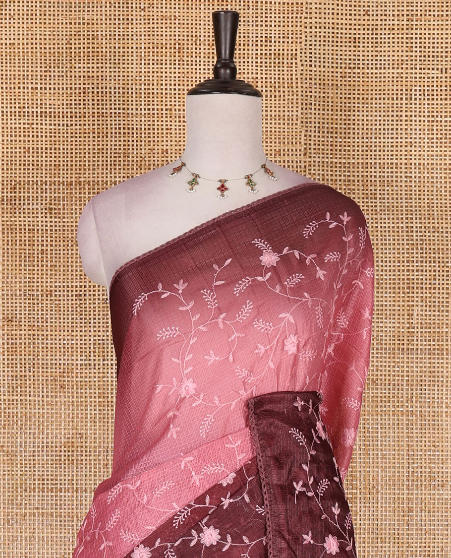 Pink-maroon floral vine chickankari embroidered kota chex saree, lace border, floral vine chickankari embroidered pallu, and contrast plain blouse
