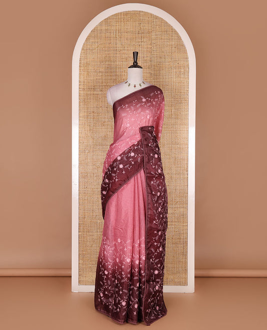 Pink-maroon floral vine chickankari embroidered kota chex saree, lace border, floral vine chickankari embroidered pallu, and contrast plain blouse
