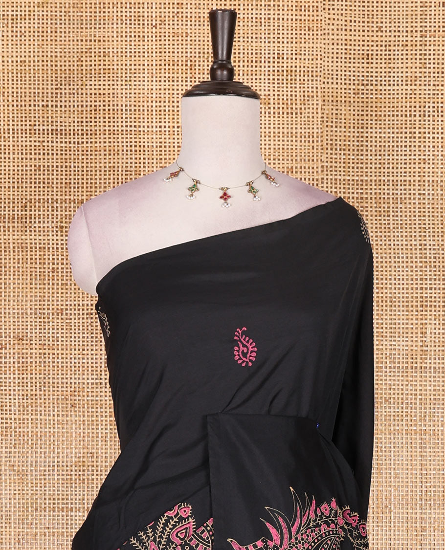 Borderless black pretty peacock motifs hand block style printed south cotton saree with contrast printed blouse