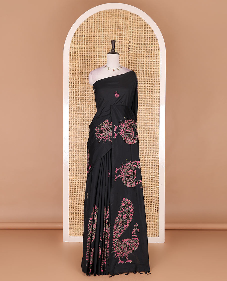 Borderless black pretty peacock motifs hand block style printed south cotton saree with contrast printed blouse