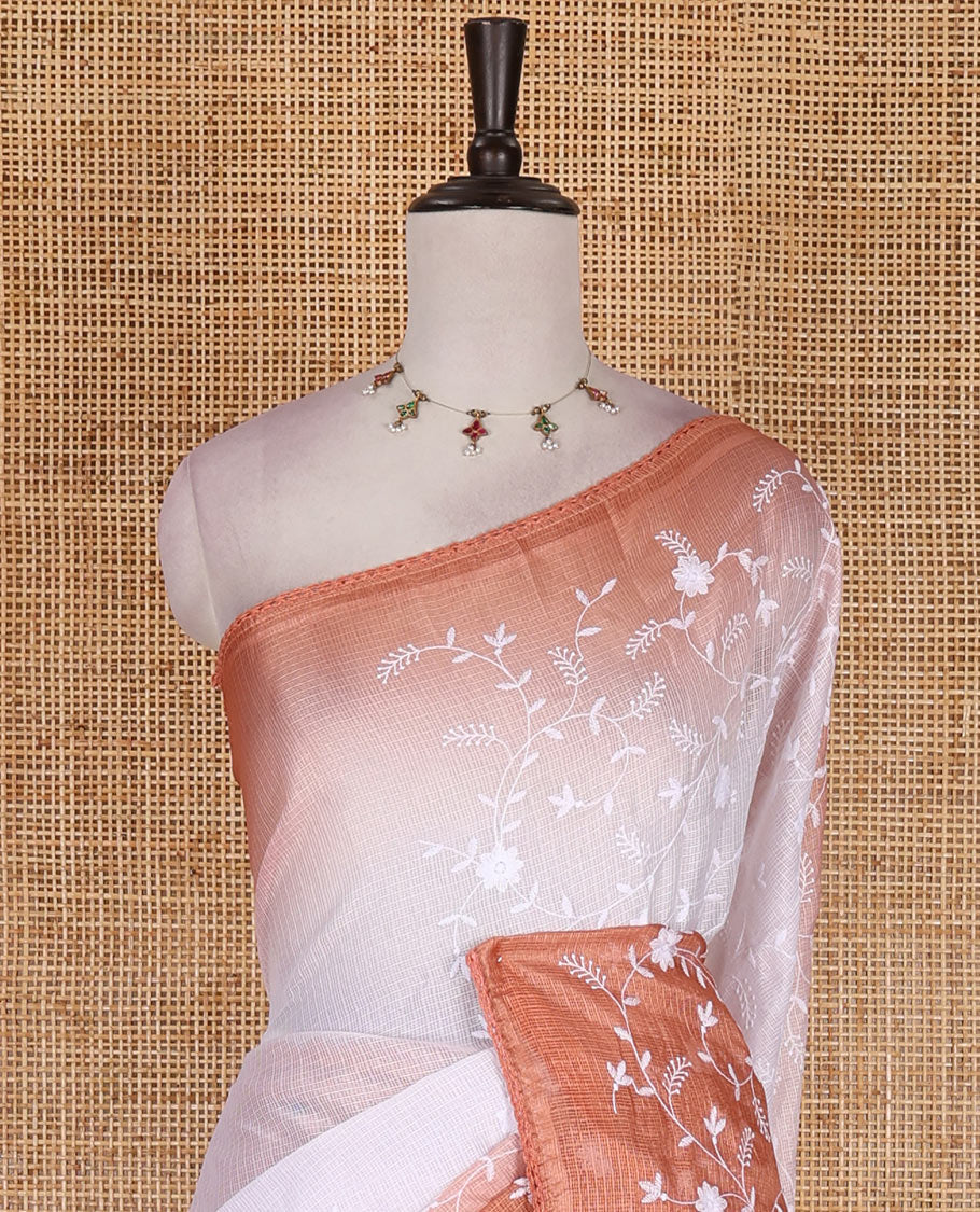 White floral vine chickankari embroidered kota chex saree, lace border, floral vine chickankari embroidered pallu, and contrast plain blouse