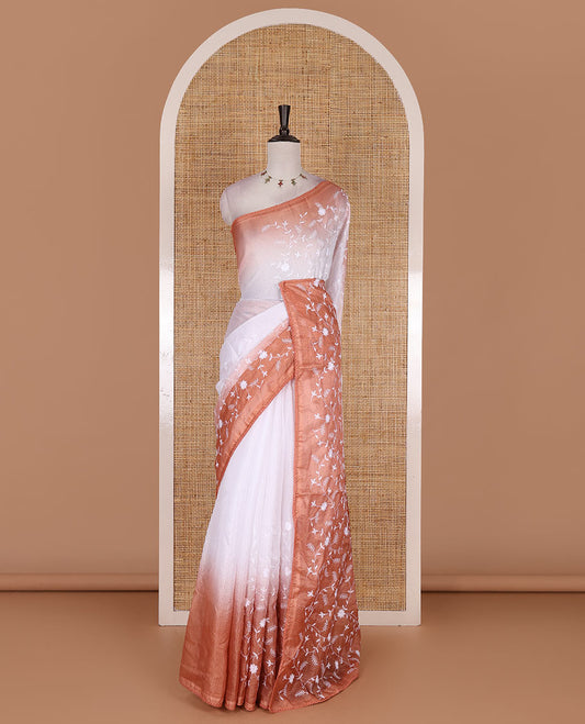 White floral vine chickankari embroidered kota chex saree, lace border, floral vine chickankari embroidered pallu, and contrast plain blouse