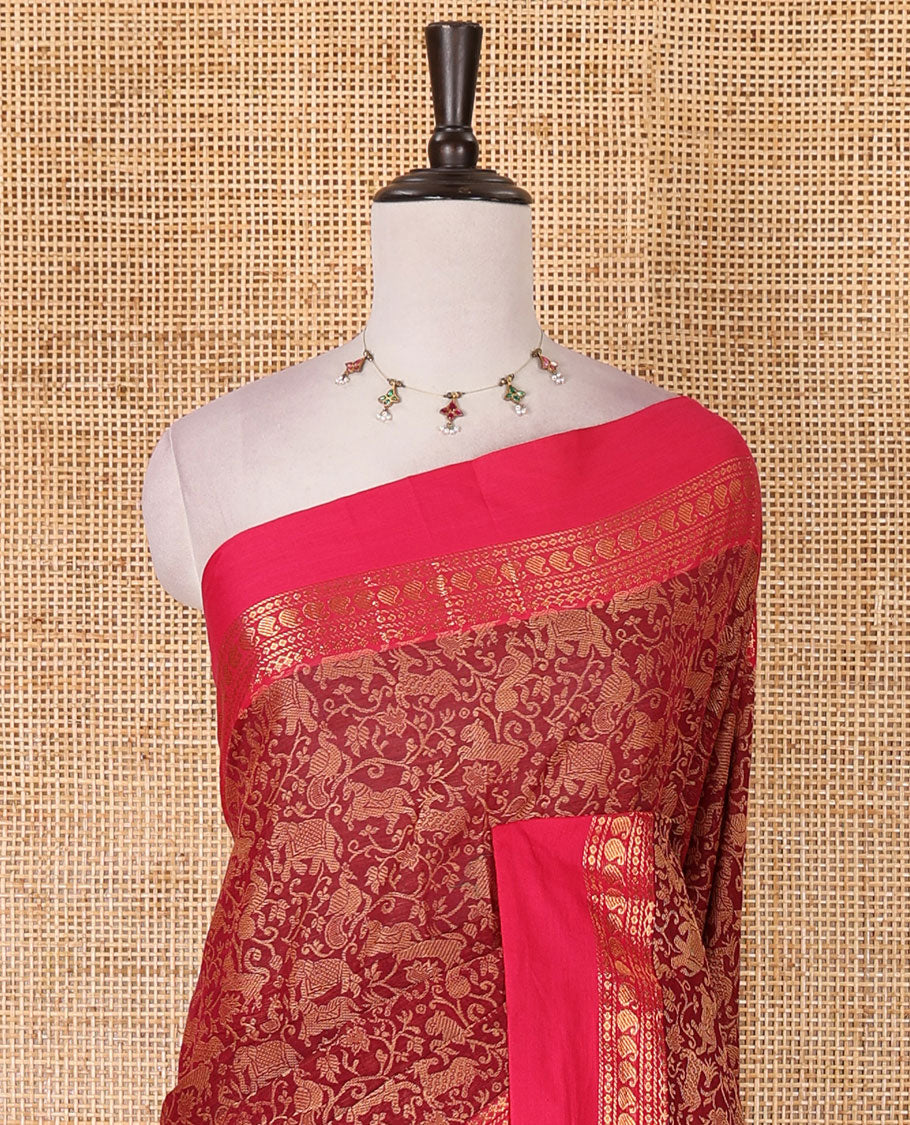 Maroon vanasingaram style flora-fauna motifs, Chettinad cotton saree, contrast traditional zari border, striped pallu, and contrast blouse
