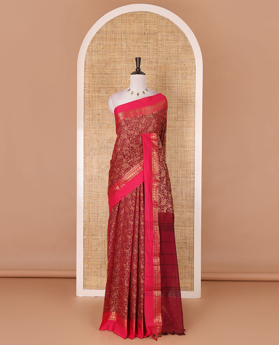 Maroon vanasingaram style flora-fauna motifs, Chettinad cotton saree, contrast traditional zari border, striped pallu, and contrast blouse