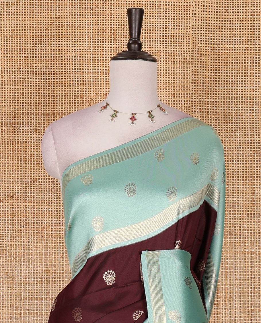 Maroon zari buttas soft silk saree, contrast zari design border, intricate jaal pallu, and contrast zari design blouse