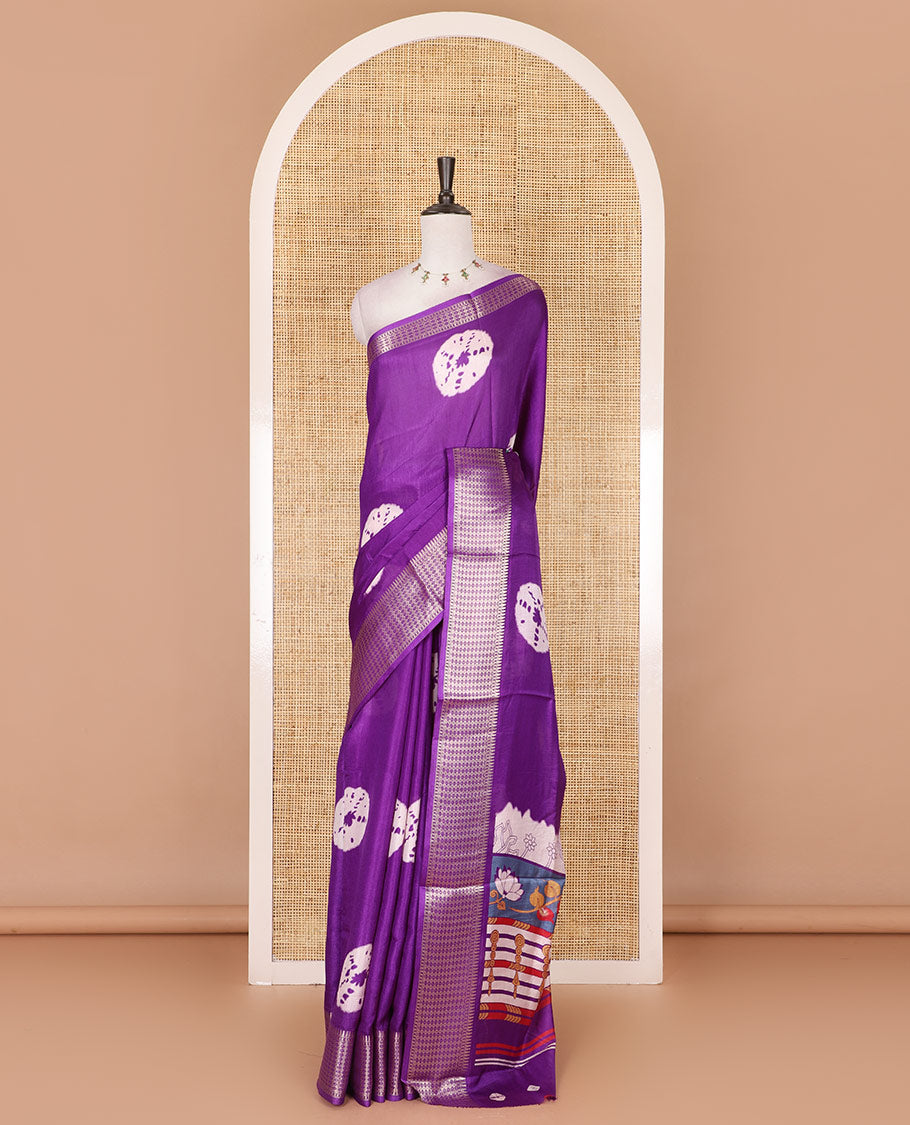 Violet shibori printed dola silk saree, traditional zari border, printed pallu, and blouse of print, and zari work