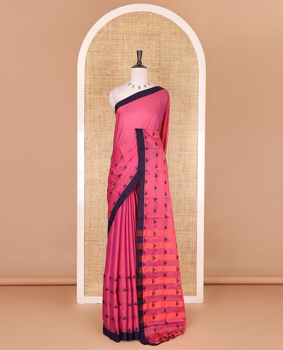 Pink triangle motifs mercerised cotton saree, contrast plain border, striped pallu, and matching triangle motifs blouse