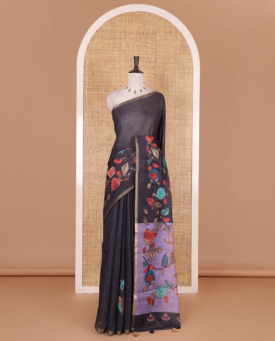 Black-lavender kalamkari floral vine, and peacock printed linen cotton saree, piping border, kalamkari printed pallu, and contrast striped pallu