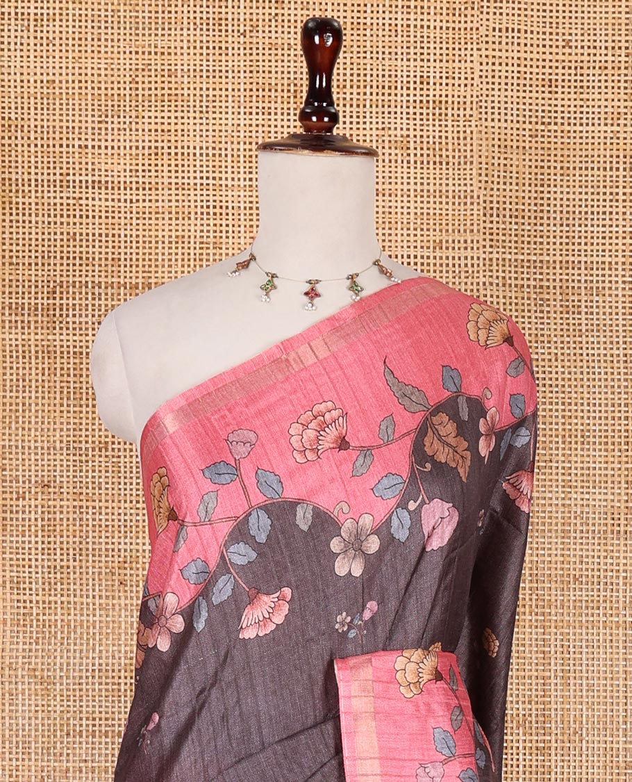 Grey floral motifs printed katan silk saree, contrast scallop floral printed with piping zari border, and contrast buttas blouse