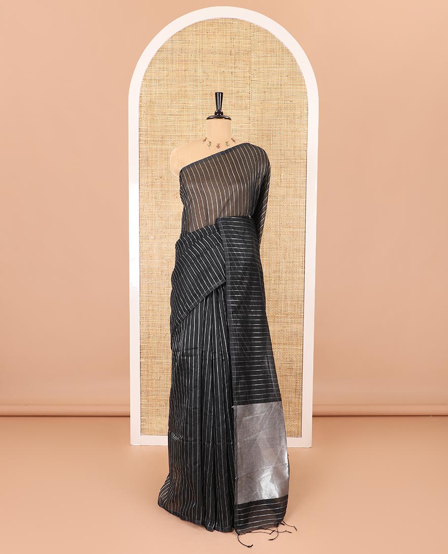 Borderless black silver zari vertically striped khadi mul cotton saree, gleaming zari pallu and a matching blouse