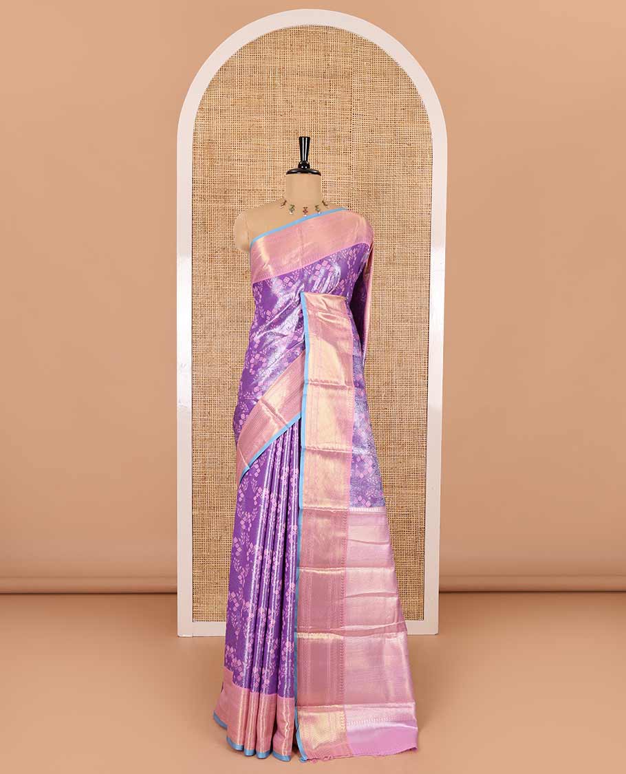 Lavender zari Kanchi tissue saree, contrast traditional zari border, gleaming pallu, and a contrast jacquard blouse