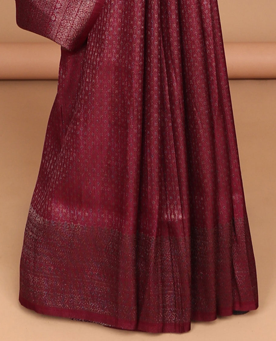 Wine antique zari weaving softy silk saree with antique zari border & small zari butta blouse