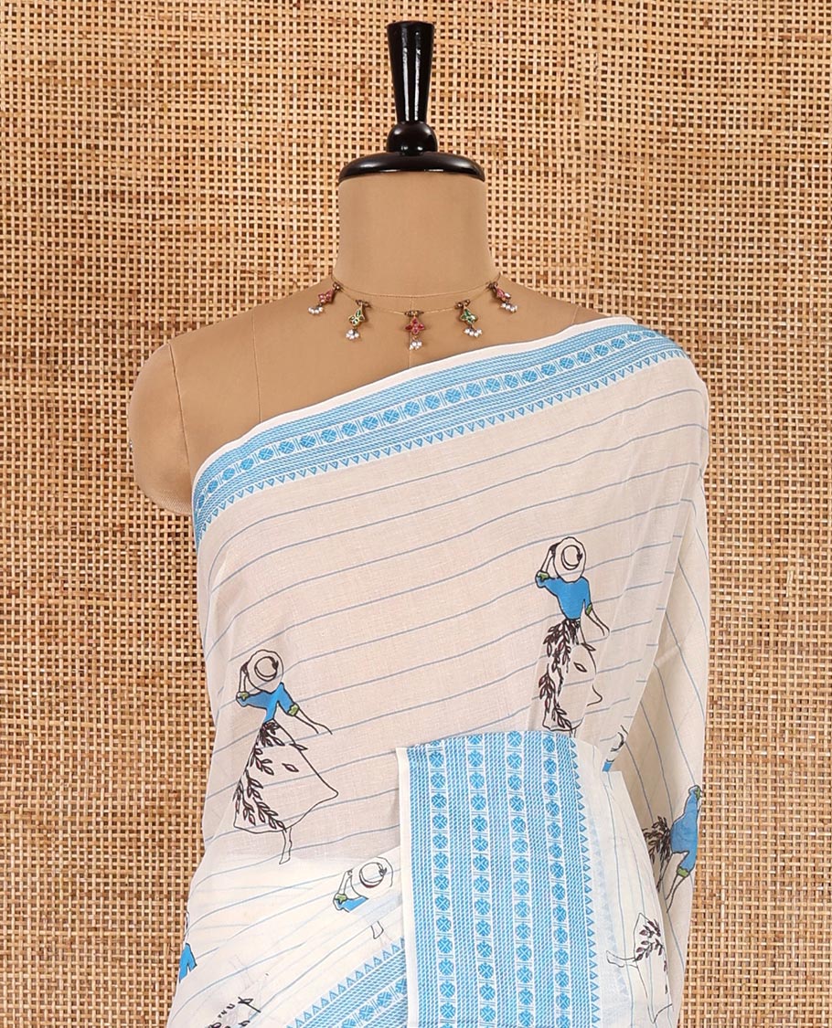 Cream-blue horizontal striped and girl motifs printed Mangalagiri cotton saree, traditional motifs woven border, printed pallu, and a contrast blouse