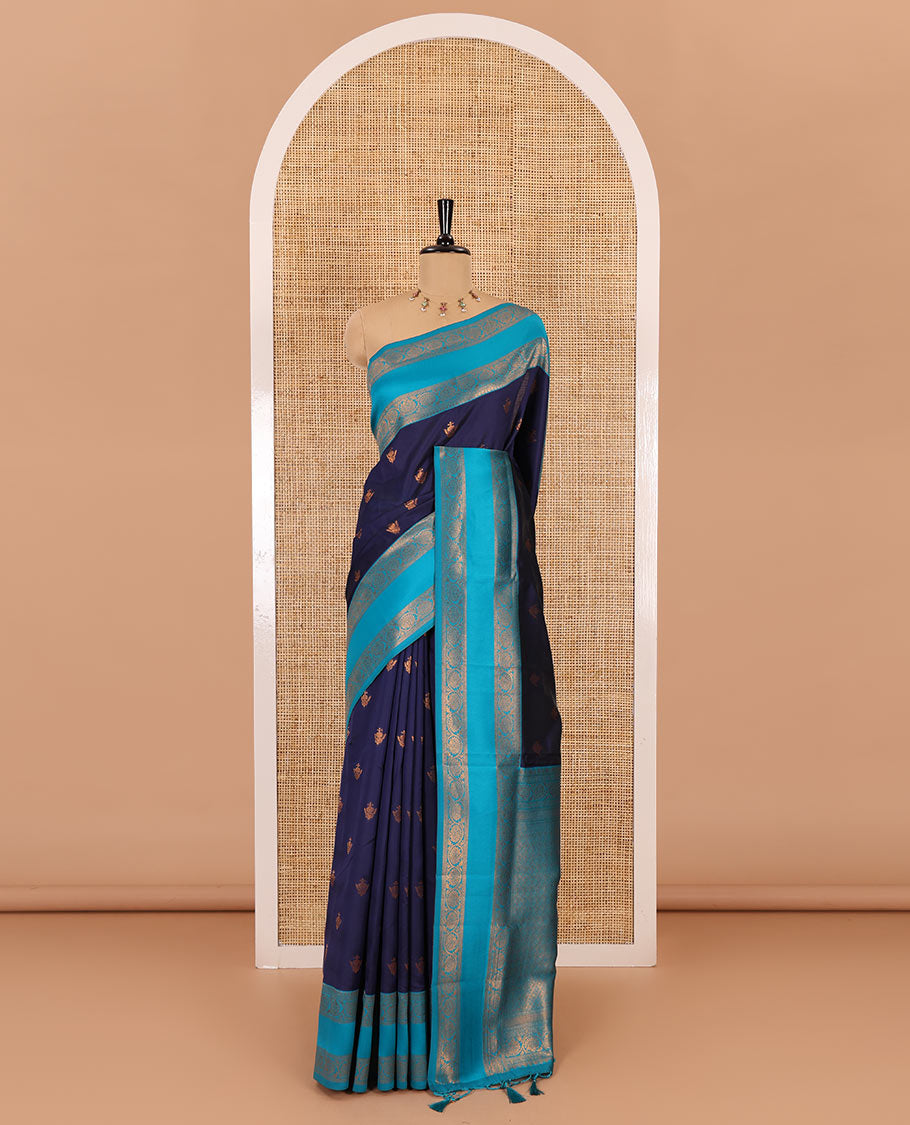 Navy blue copper zari buttas elite soft silk saree , contrast zari weaving border , contrast brocade rich pallu with tussels , and contrast brocade blouse