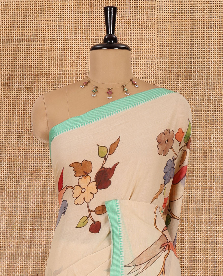 Chikku-green macow parrot and floral printed Mangalgiri cotton saree, contrast thread traditional border, astriped pallu, and floral-stripes printed blouse