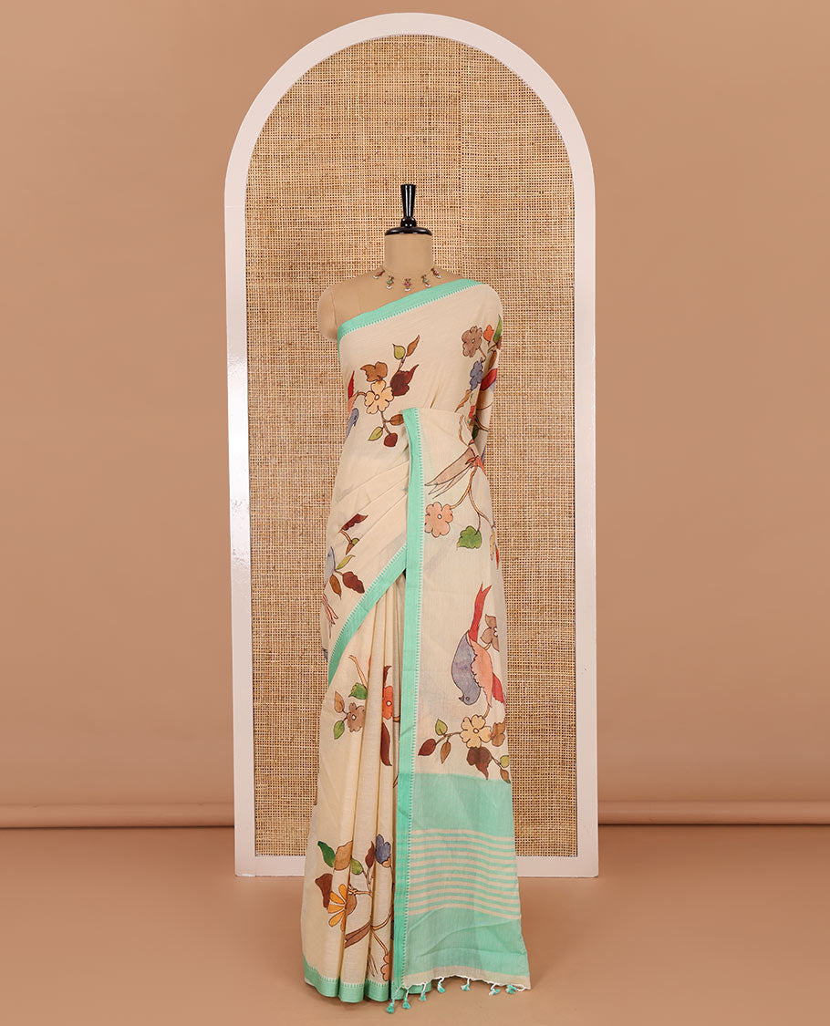 Chikku-green macow parrot and floral printed Mangalgiri cotton saree, contrast thread traditional border, astriped pallu, and floral-stripes printed blouse