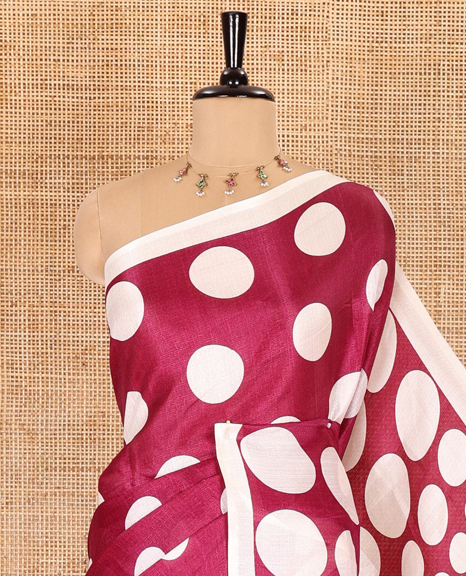 Borderless cream-purple polka dots printed art khadi cotton saree, pallu of big and small coin-size polka dots print, and a small dots printed blouse