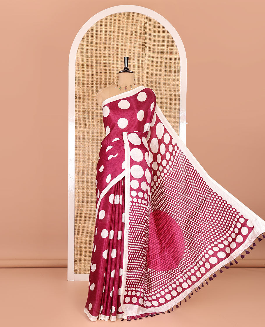 Borderless cream-purple polka dots printed art khadi cotton saree, pallu of big and small coin-size polka dots print, and a small dots printed blouse