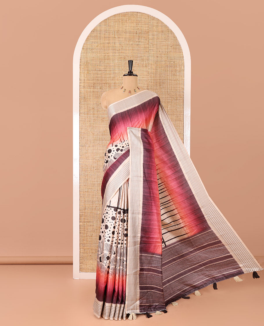 Maroon geometric patterns and polka dots printed semi-tussar saree, contrast horizontal striped zari border, striped pallu, and a contrast blouse