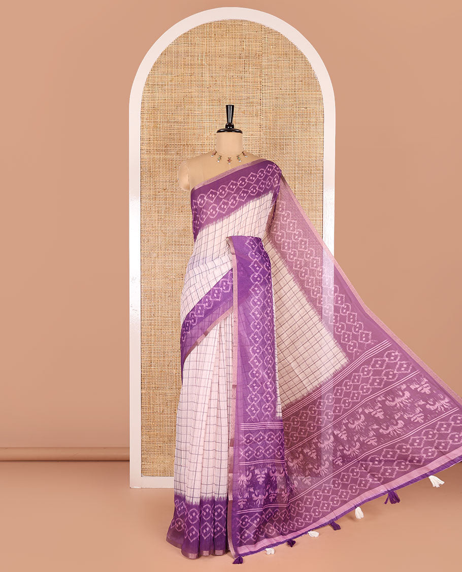 Violet checked linen cotton saree, contrast pochampally style geometric printed border, pochampally printed pallu, and a diamond patterns printed blouse