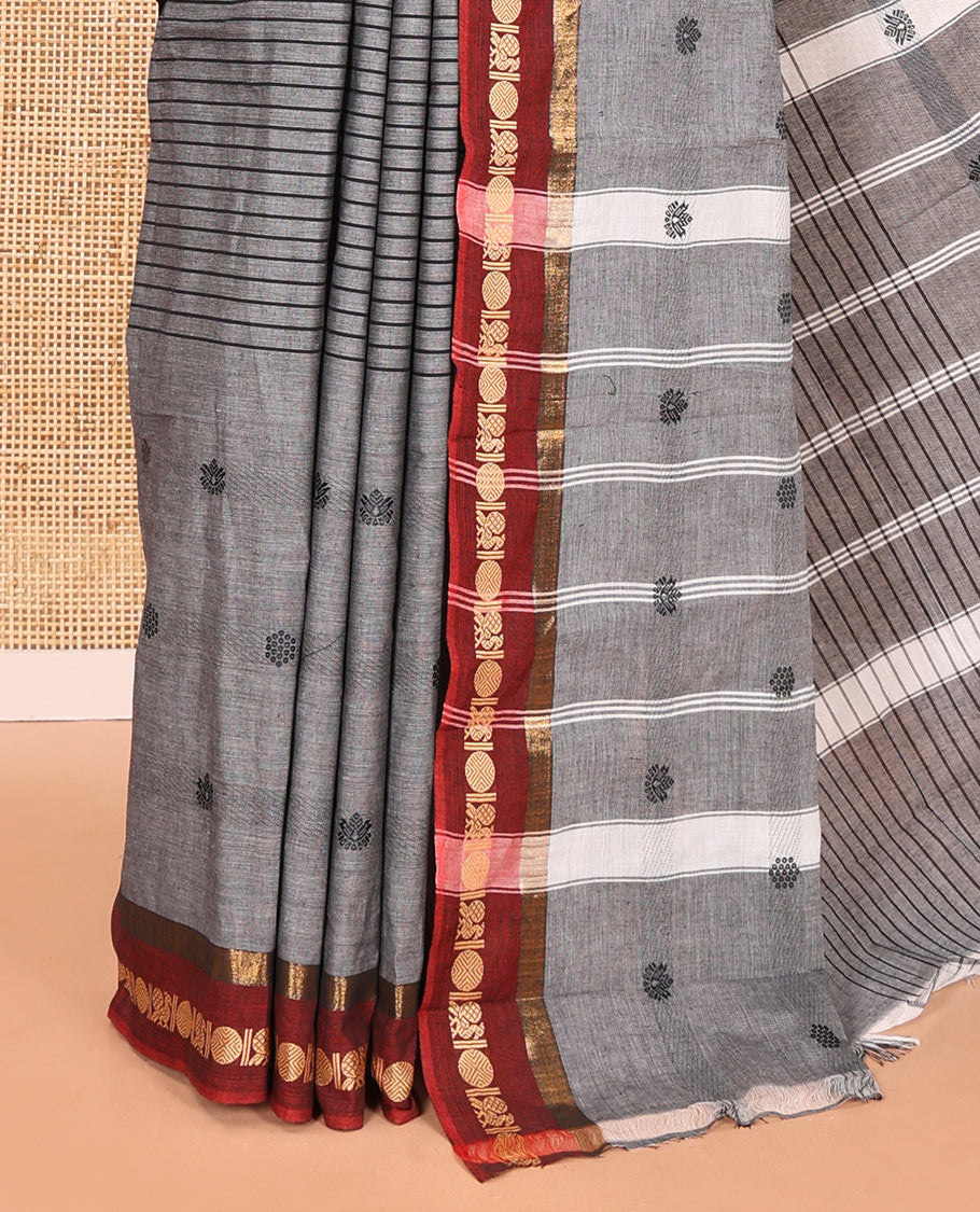 Grey horizontal stripes and velthari thread butta design chettinad cotton saree , contrast peacock , rudraksham border and lining chit pallu