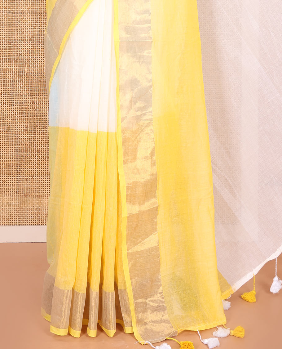 Cream and Yellow Plain Khadi Mul Cotton Saree Features a Gleaming Zari Bavanji Border, and a Contrast Yellow Plain Blouse