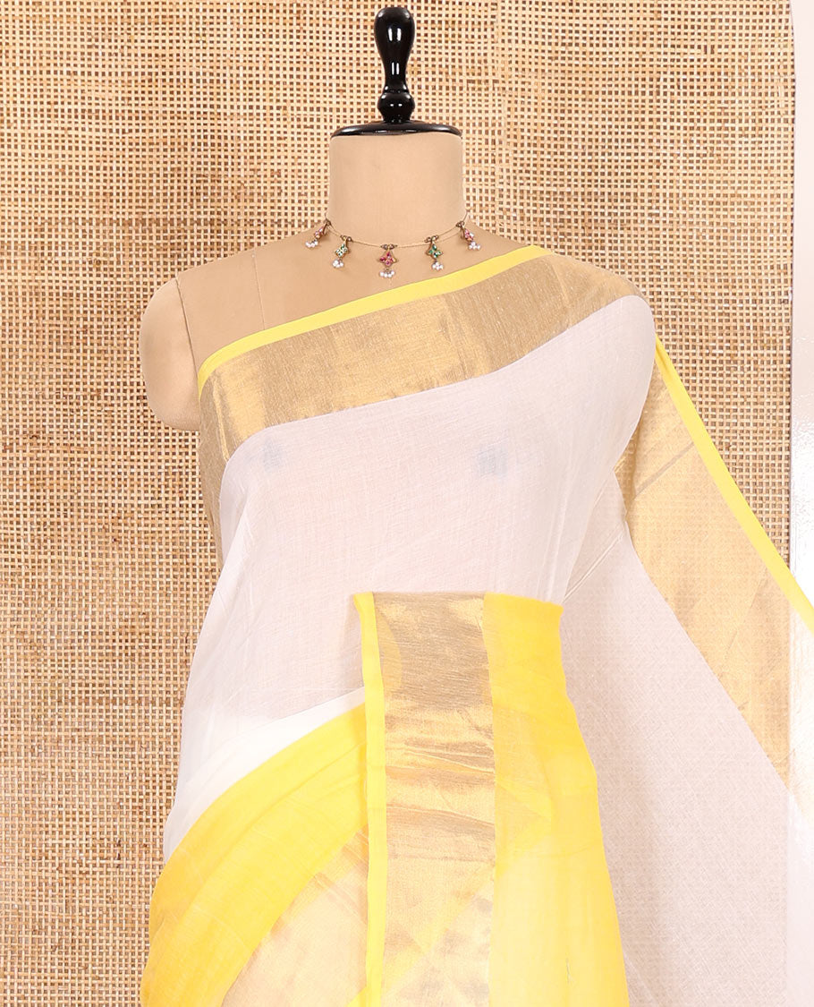 Cream and Yellow Plain Khadi Mul Cotton Saree Features a Gleaming Zari Bavanji Border, and a Contrast Yellow Plain Blouse