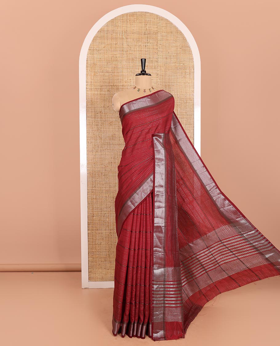 Maroon Semi-Tussar Saree Delicately Woven with Zari Horizontal Stripes and Thread Floral Designs, Featuring a Subtly Woven Temple Zari Border, a Striped Pallu, and a Matching Blouse