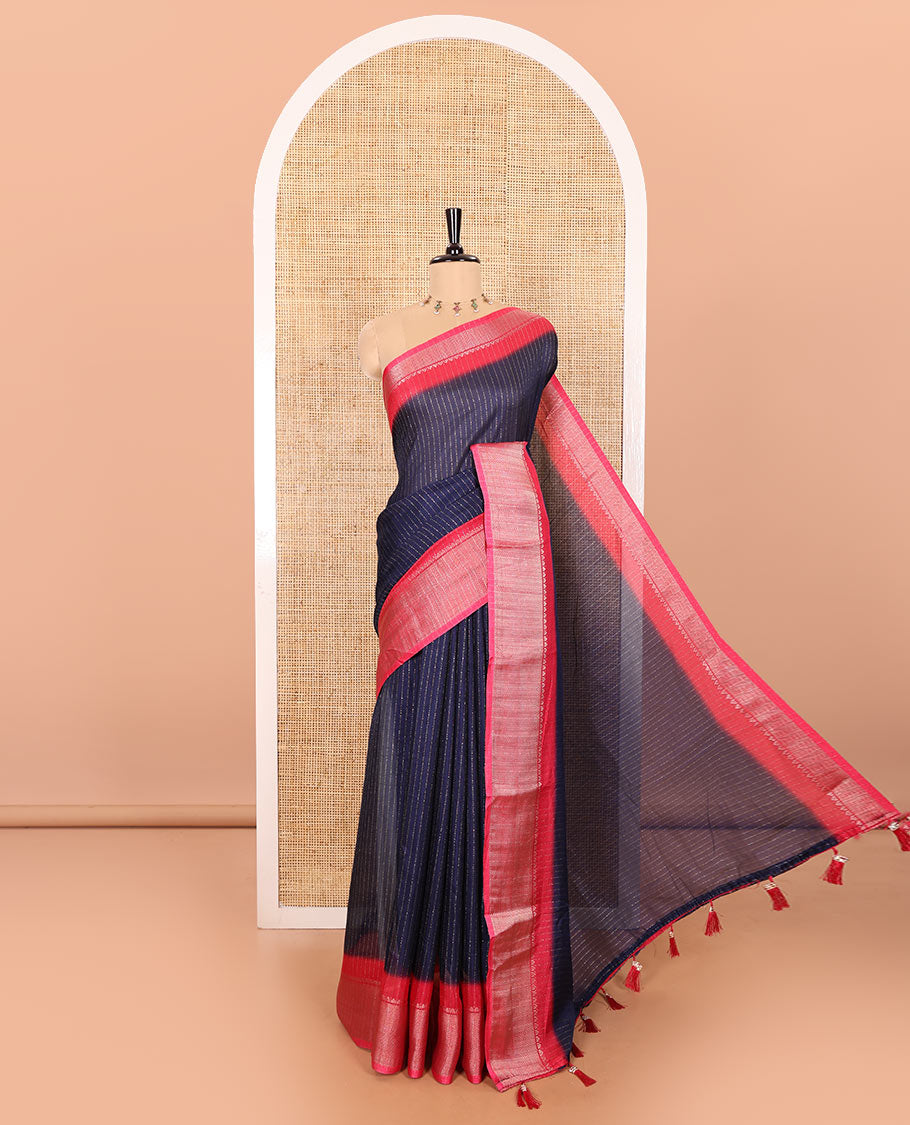 Navy Blue and Pink Dola Silk Saree Subtly Sparked with Vertical Golden Stripes Running All Over Its Body, Complemented by a Contrast Traditional Zari Design Woven Border, Subtly Striped Pallu, and a Contrast Buttas Woven Blouse