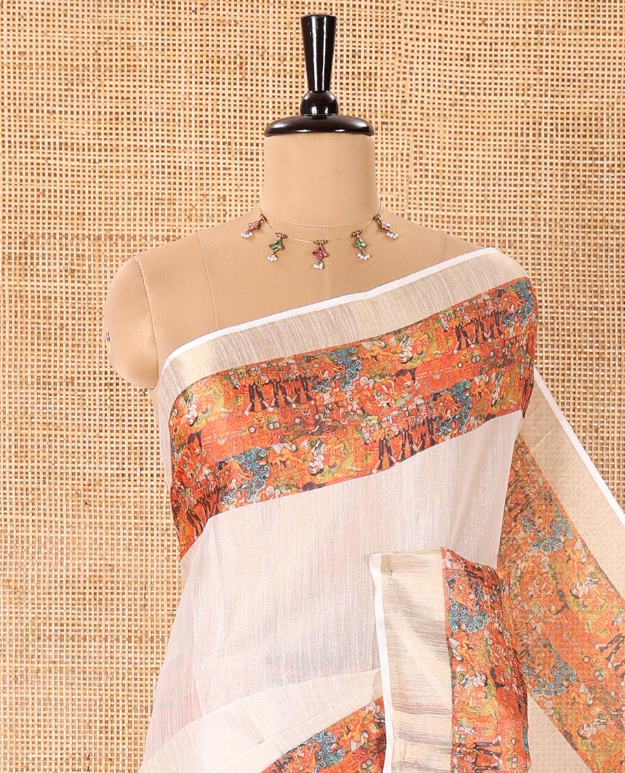 Cream and Orange Plain Tissue Saree Creatively Decked with Contrasting Kerala Mural Painting-Style Intricately Printed Border, Painting-Style Printed Pallu, and a Contrast Plain Blouse