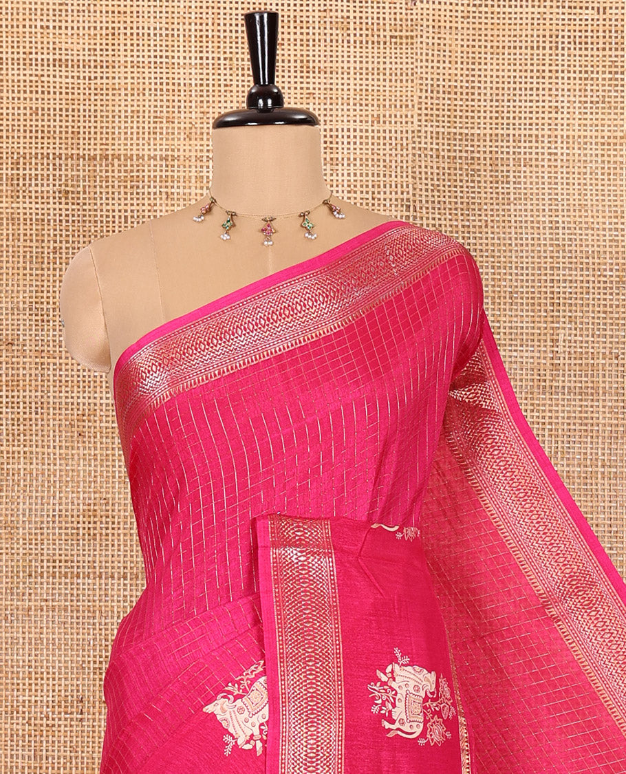 Pink Dola Silk Saree Decked Up with Zari Checks All Over Its Body, Subtly Woven Border of Traditional Zari Motifs, and Pichwai Cow Motifs, Pallu of Geometric Motifs Print, and Paired with a Matching Blouse