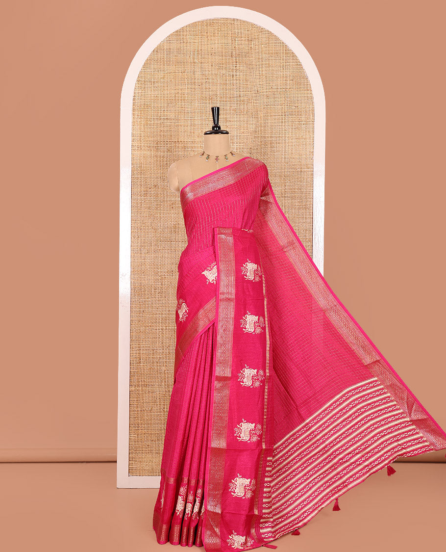 Pink Dola Silk Saree Decked Up with Zari Checks All Over Its Body, Subtly Woven Border of Traditional Zari Motifs, and Pichwai Cow Motifs, Pallu of Geometric Motifs Print, and Paired with a Matching Blouse