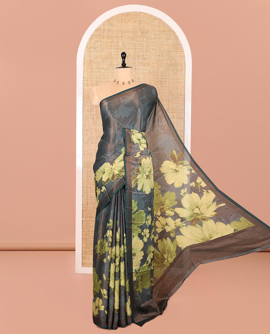 Borderless Green Shimmer Chiffon Saree, Artfully Printed with Abstract-Style Floral Print All Over Its Body, Pallu Mirrors the Same Print, and Paired with a Matching Blouse