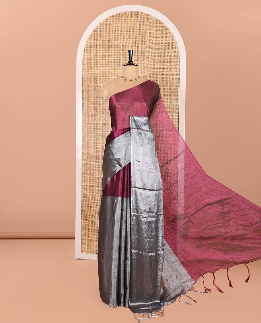 Borderless Silver-Magenta Half-And-Half Khadi Tissue Saree, Subtly Sparkling Plain Pallu, and Paired with a Mayching Blouse