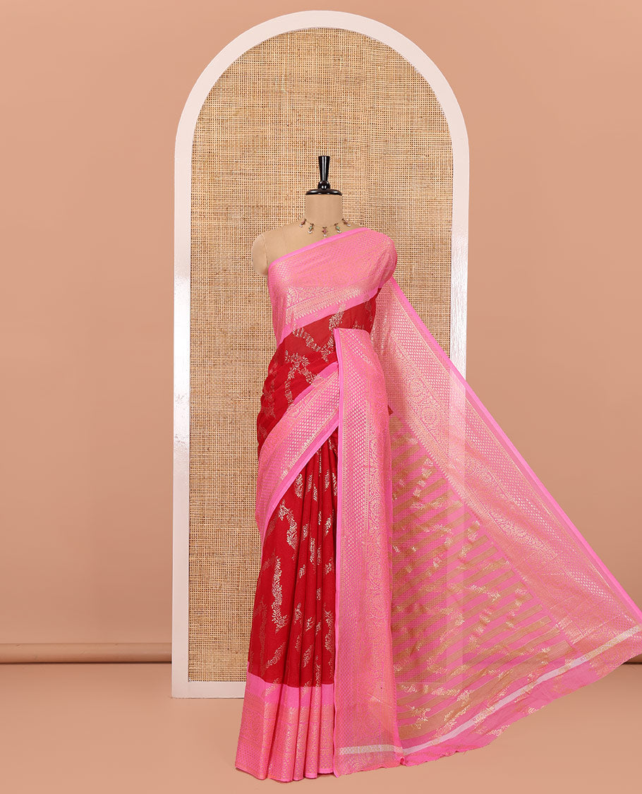 Red Chiffon Saree, Highlighted with Floral Jaal Foil Prints All Over Its Body, Complemented by a Contrast Traditional Motifs Foil Printed Border, Pallu Steeped with Diagonal Stripes, and Paired with a Contrast Blouse