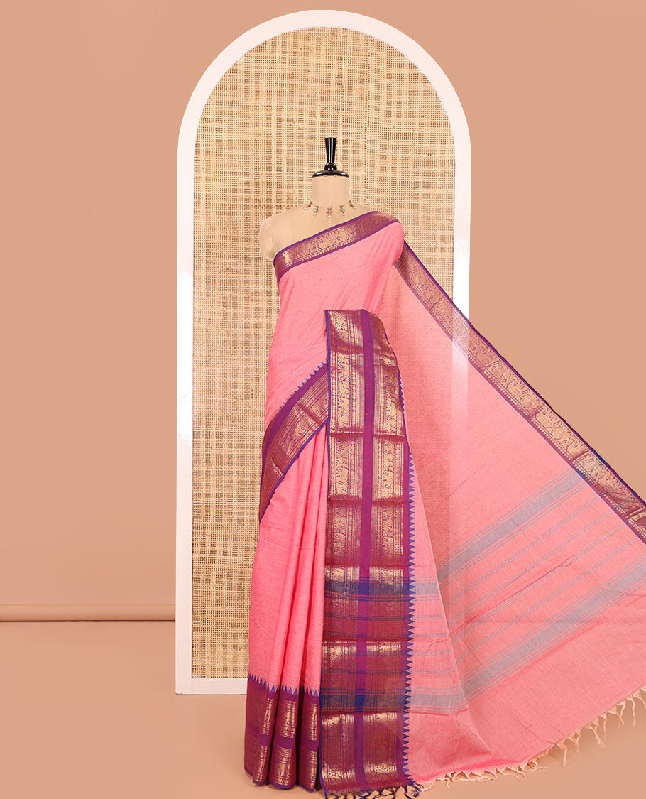 Pink Plain Chettinad Cotton Saree, Complemented by a Contrast Traditional Rettai Pettu Temple Border of Peacock-Elephant Designs, Subtly Striped Pallu, and Paired with a Matching Blouse
