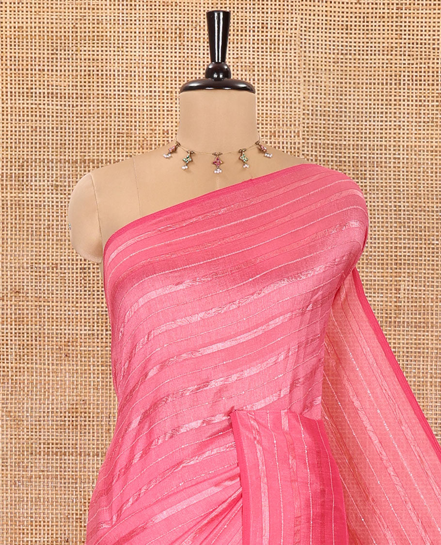 Borderless Pink Vichitra Silk Saree, Decked Up with Horizontal Stripes and Sequin Stripes, Paired with a Matching Blouse