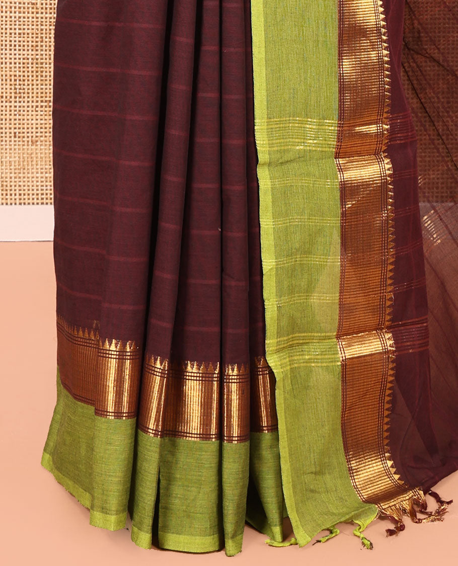 Coffee Brown Striped Chettinad Cotton Saree, Complemented by a Contrast Kal Eragina Traditional Zari Design Border, Gleaming Zari Striped Pallu, and Paired with a Matching Blouse