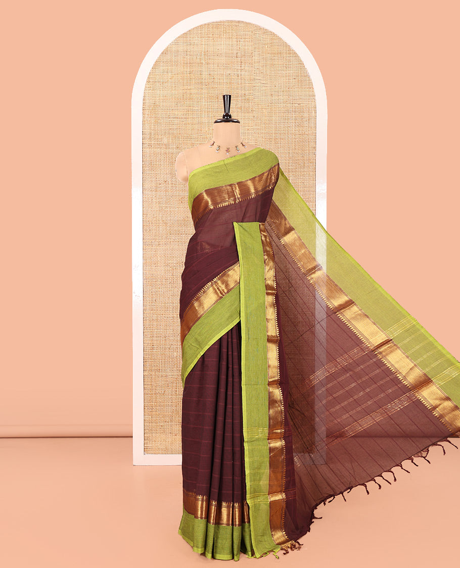 Coffee Brown Striped Chettinad Cotton Saree, Complemented by a Contrast Kal Eragina Traditional Zari Design Border, Gleaming Zari Striped Pallu, and Paired with a Matching Blouse
