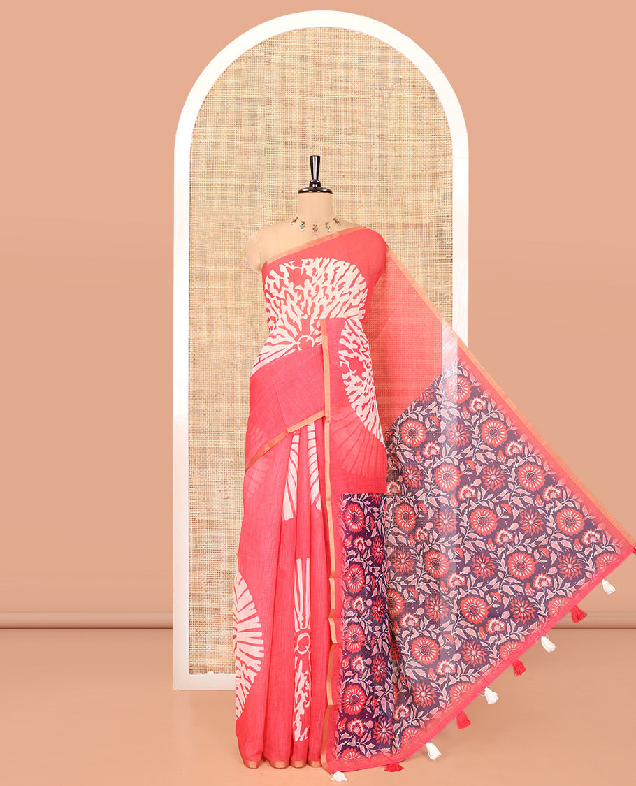 Pink Linen Cotton Saree, Adorned with Floral Motifs Printed on Its Body, Subtle Piping Border, Complemented by a Contrast Floral Printed Blouse, and Paired with a Contrast Blouse