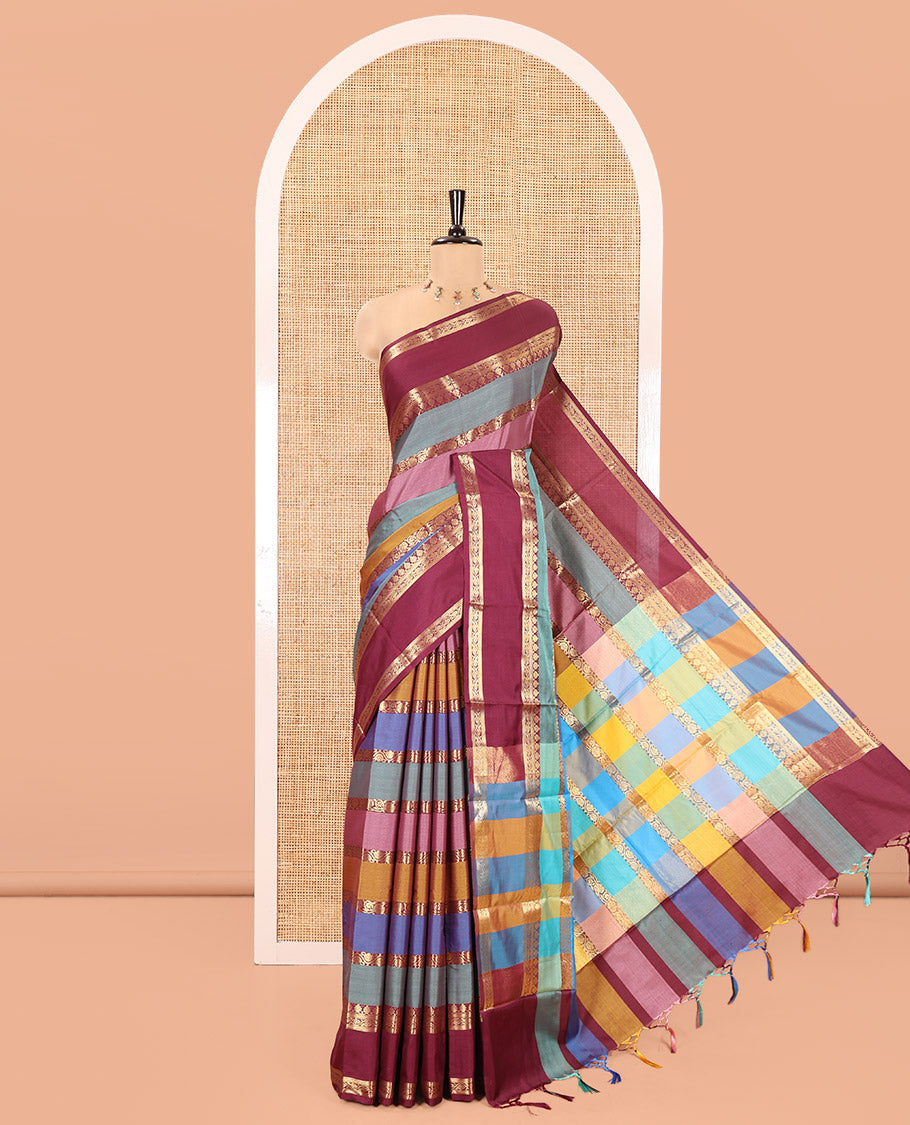 Multi Color Semi-Soft Silk Saree, Richly Detailed with Multi-color Stripes and Traditional Zari Designs On Its Body, Complemented by Contrast Rettai Pettu Traditional Zari Designs Woven Border, Grand Pallu and Paired with a Contrast Blouse