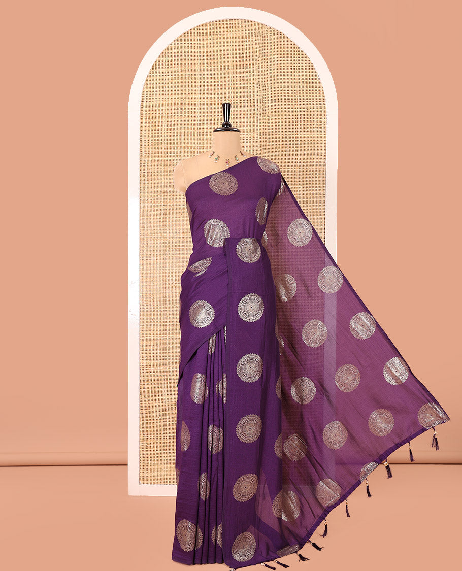 Borderless Violet Vichitra Saree Features Rangoli-Style Round Buttas Foil Print and a Contrast Sequins Embroidered Blouse