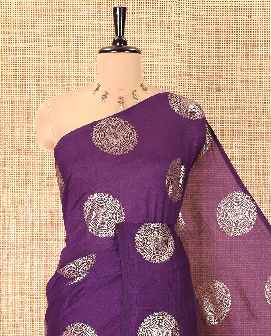 Borderless Violet Vichitra Saree Features Rangoli-Style Round Buttas Foil Print and a Contrast Sequins Embroidered Blouse