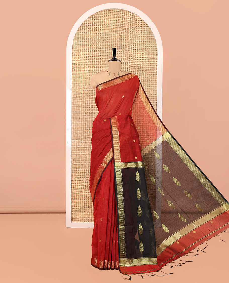 Red Maheshwari Cotton Saree, Flower Buttas All Over Its Body, Highlighted by Zari Border, Pallu of Contrast Floral Buttas, and a Contrast Blouse